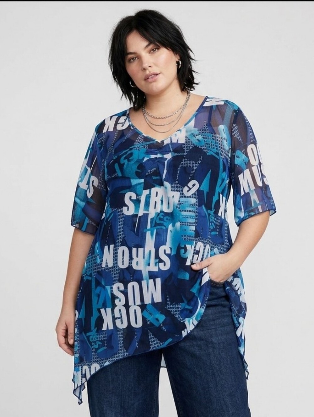 Claire France  Blue Abstract Print Tunic Top Sheer Overlay, Urban style Size 1X